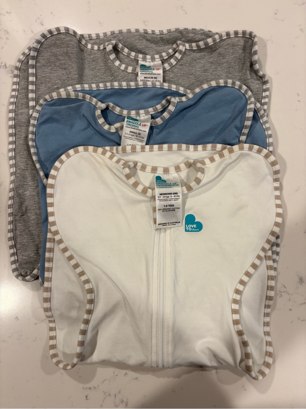 Love to dream Three-Pack Swaddle Up in White, Blue, Gray
